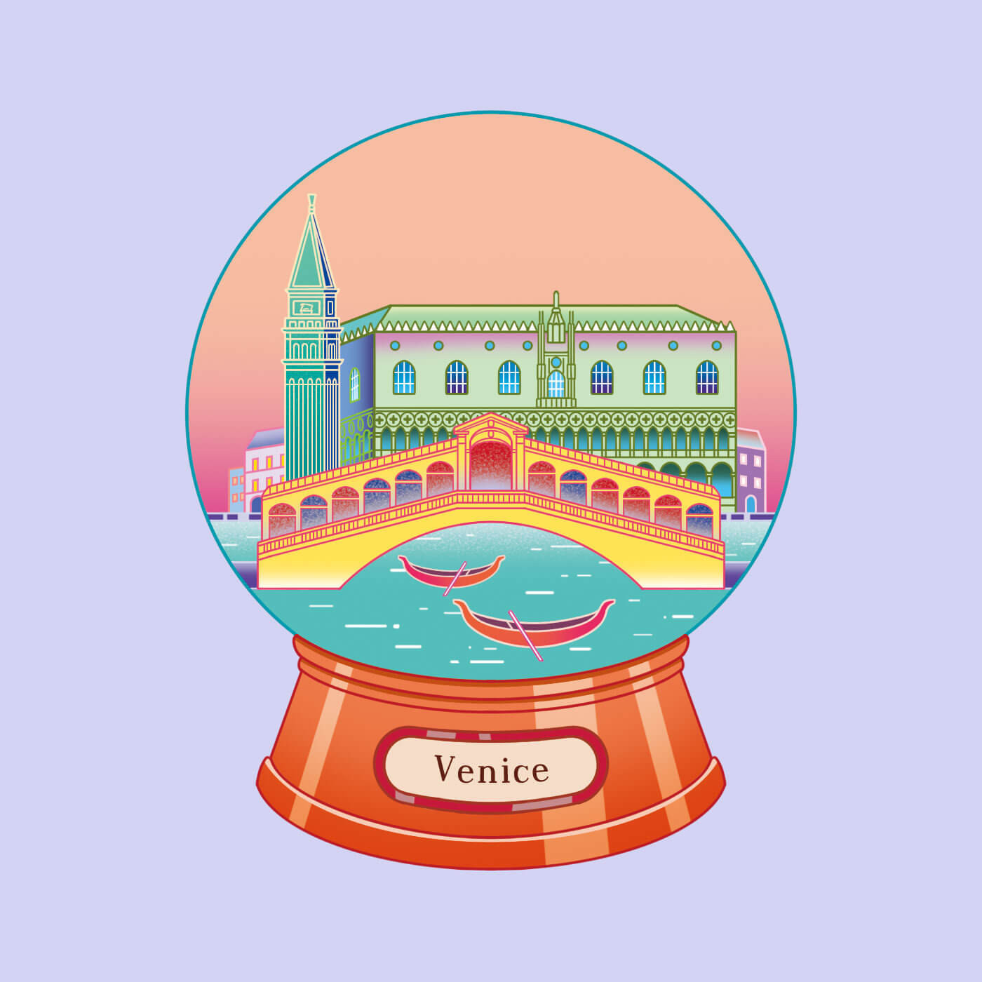 Illustration of Venice, Italy landmarks inside a snow globe, including the Rialto Bridge, Doge's Palace, and St. Mark's Campanile.