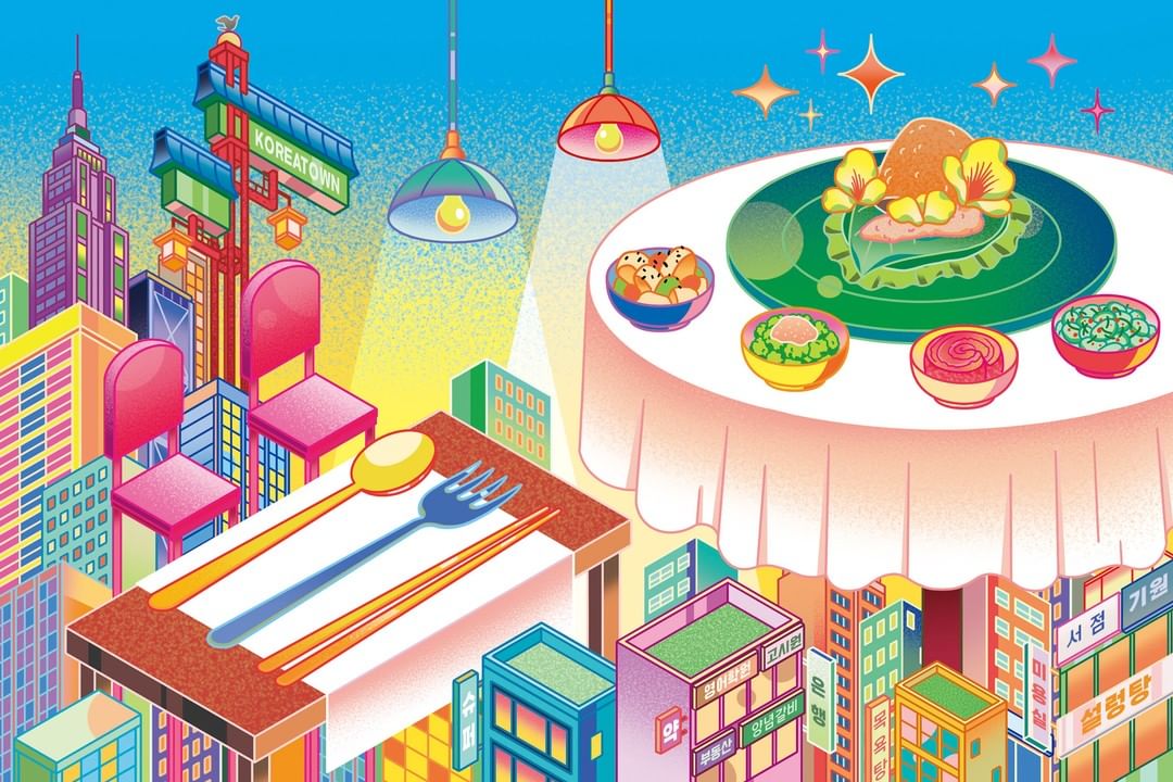 Stylized illustration of a table laden with food in a vibrant, isometric cityscape scene featuring skyscrapers and Korean signage.