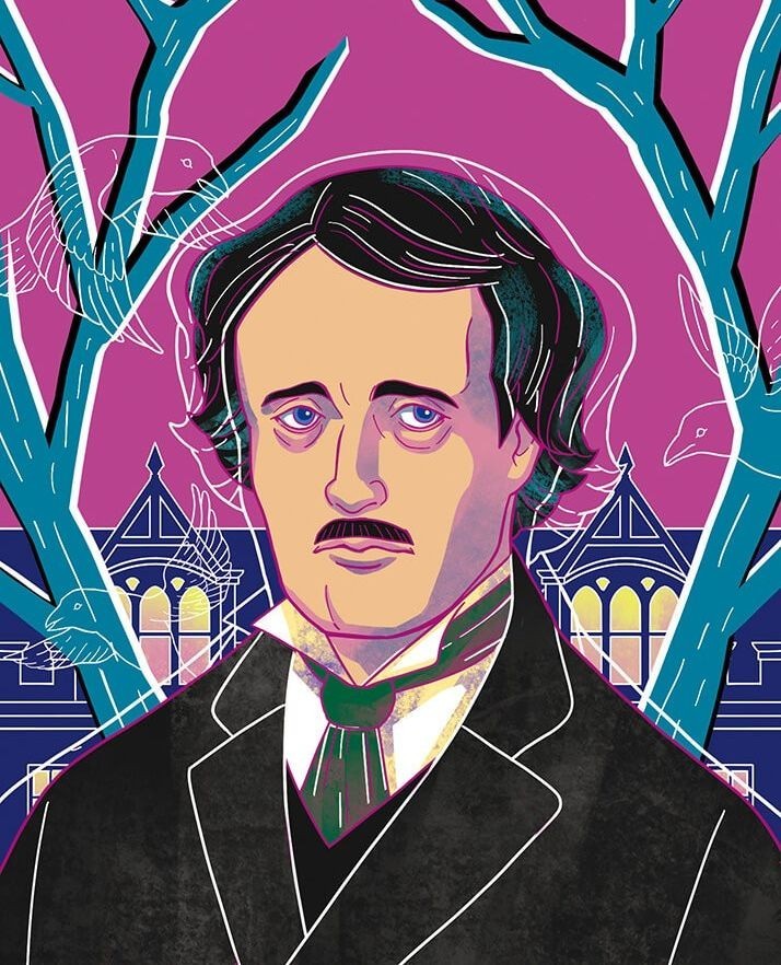 Illustration of a man with dark hair and a mustache, wearing a suit and tie, set against a backdrop of stylized trees and buildings.