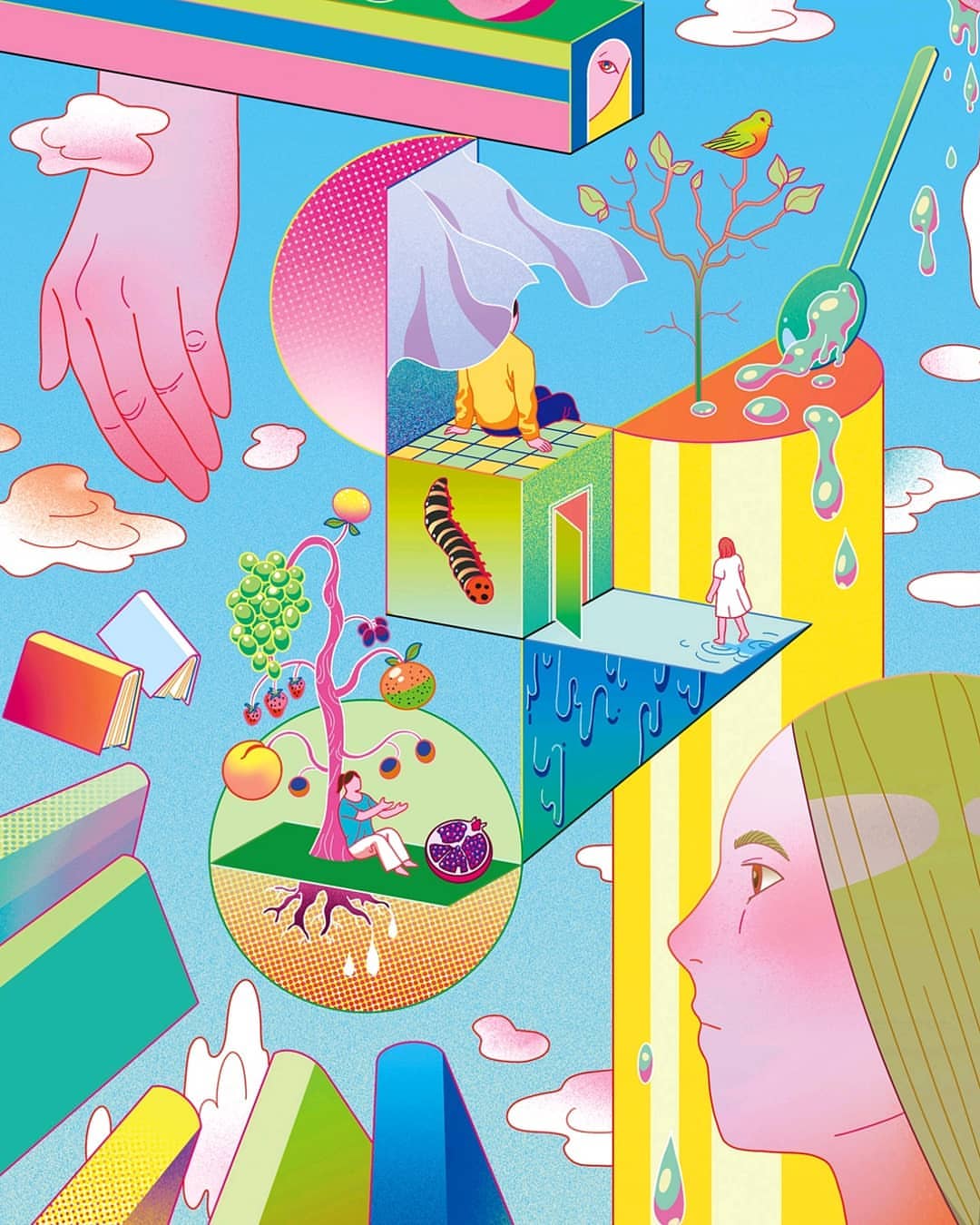 Surreal illustration featuring a woman's profile, geometric shapes, fruits, figures, and a dreamlike sky in bright pastel colors.