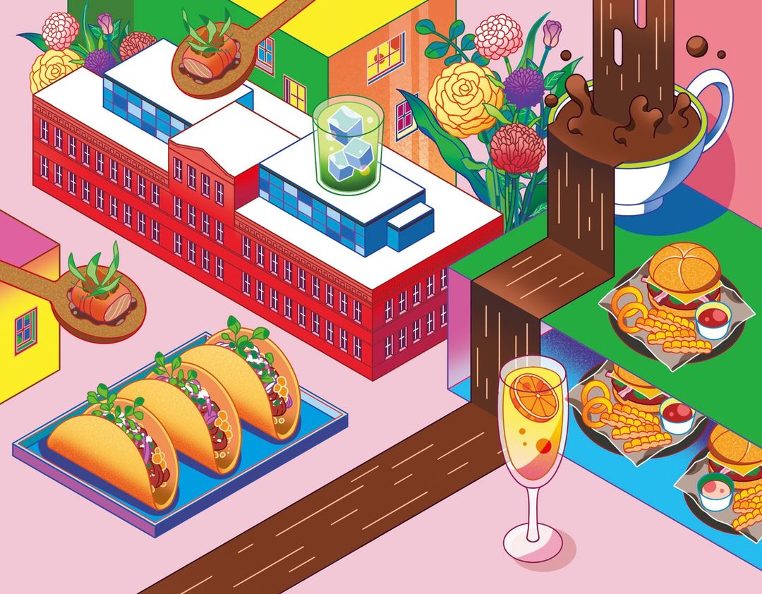 Isometric illustration showcasing diverse food items—tacos, burgers, beverages—within a colorful city-like composition against a light pink background.