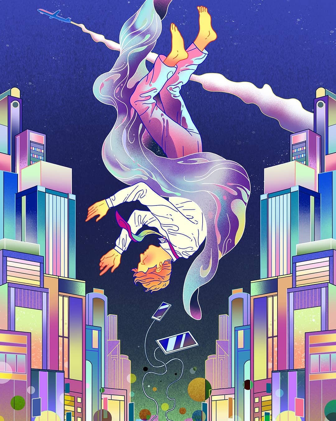 Digital art illustration featuring a man falling upside down through a city with phones and a plane in the blue sky background.