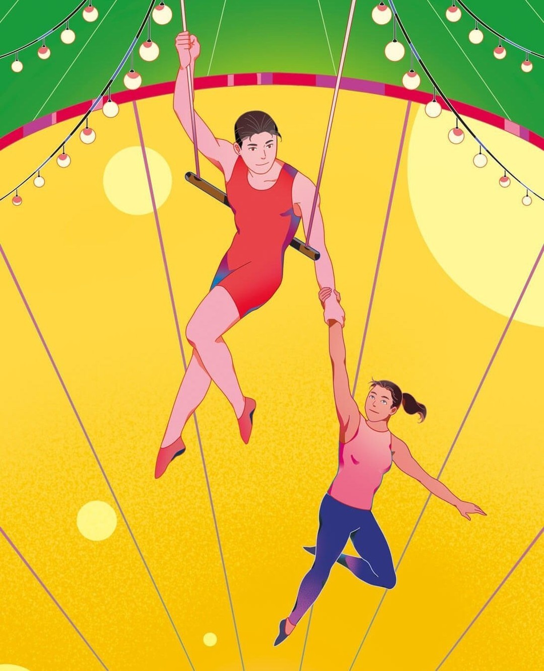 Illustration of two acrobats performing a trapeze act under a circus tent, one hanging from a bar and the other being held by the first.