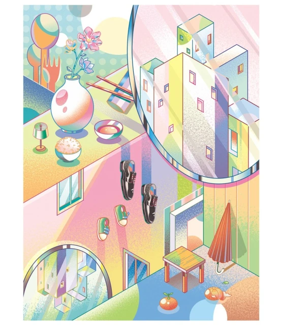 Colorful illustration of an indoor apartment interior with shoes floating on the wall, a table, a vase of flowers, and other objects.