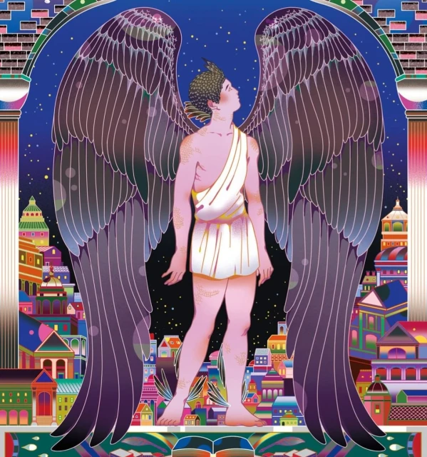 Illustration of a pale-skinned person with wings against a city skyline, set against a night sky filled with stars and architectural details.