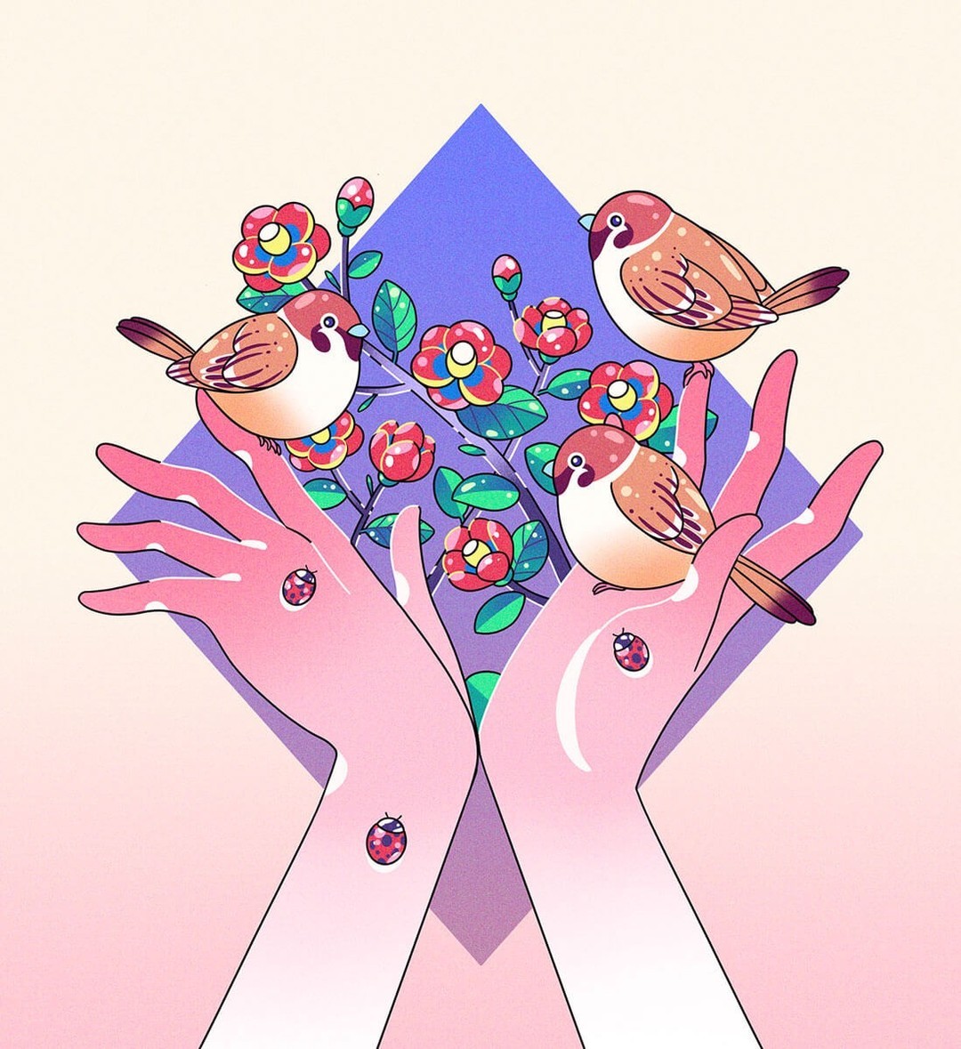 Illustration of four birds perched on blooming branches held by two hands, with ladybugs, against a purple diamond background.