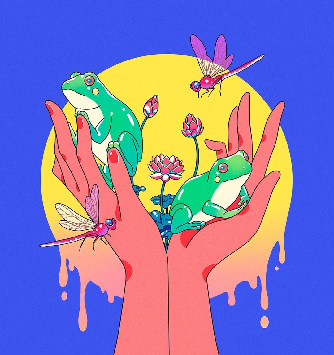 Illustration featuring a pair of green cartoon frogs perched in cupped hands, surrounded by dragonflies and lotus flowers against a yellow and blue backdrop.