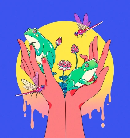 Illustration featuring a pair of green cartoon frogs perched in cupped hands, surrounded by dragonflies and lotus flowers against a yellow and blue backdrop.