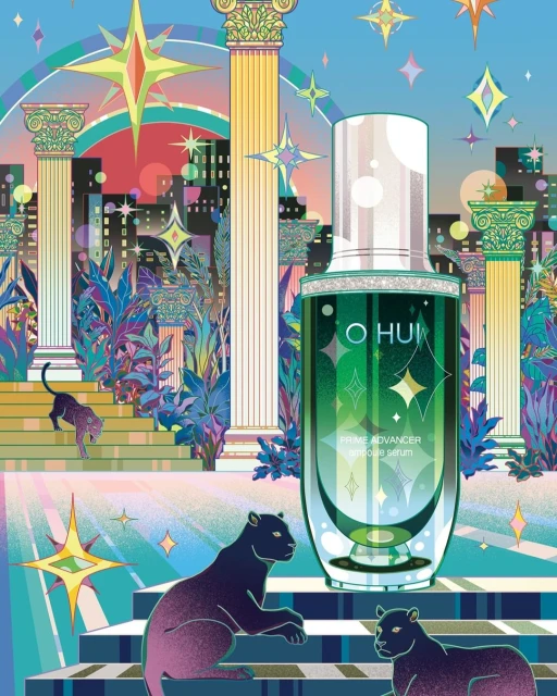 Illustrated beauty product advertisement featuring a bottle of O Hui Prime Advancer Ampoule Serum in a fantasy cityscape with panthers.