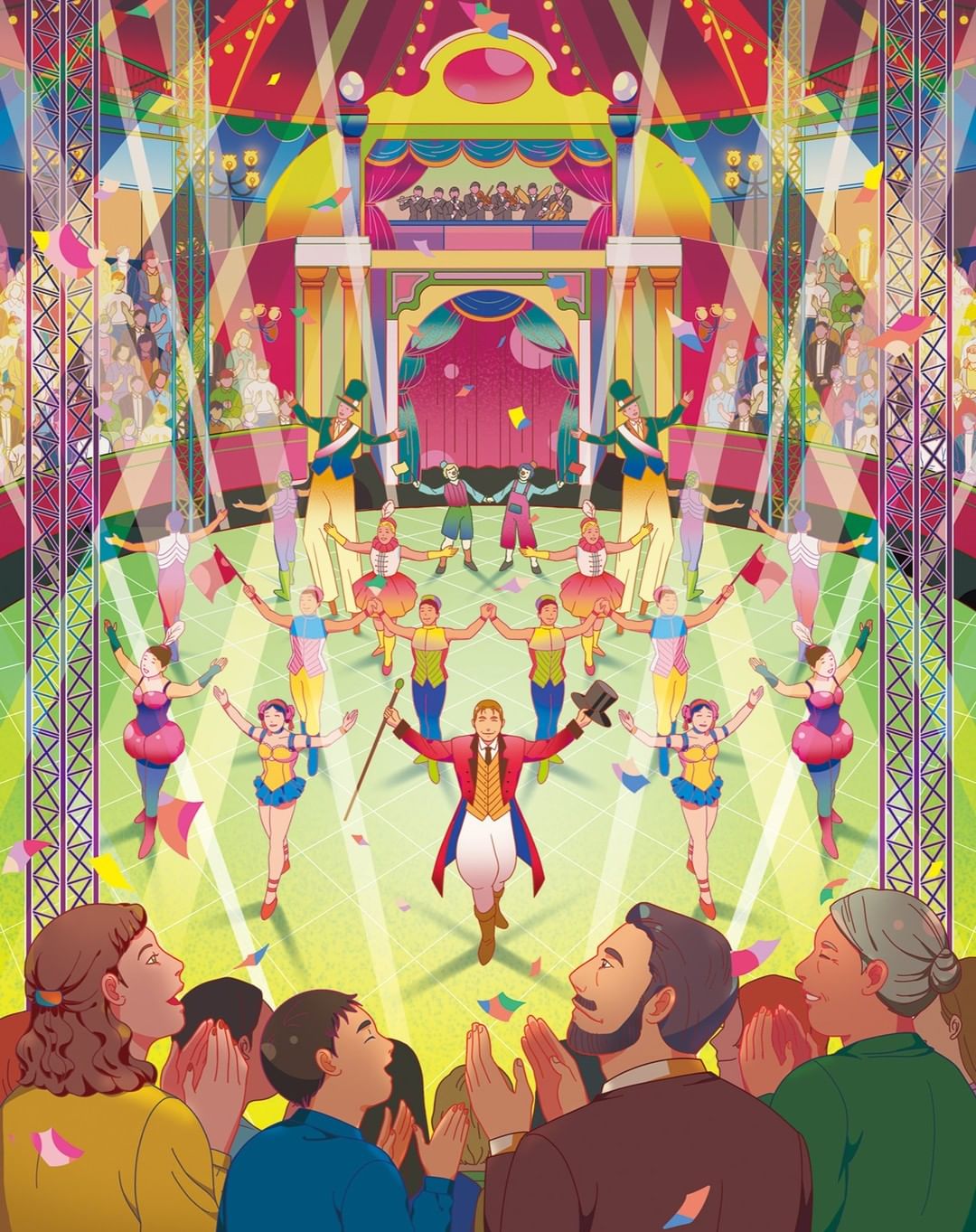 Colorful digital art illustration of a circus performance, featuring performers in costume and an audience, under bright spotlights.