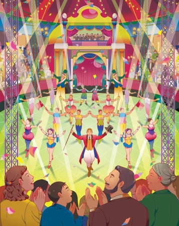 Colorful digital art illustration of a circus performance, featuring performers in costume and an audience, under bright spotlights.