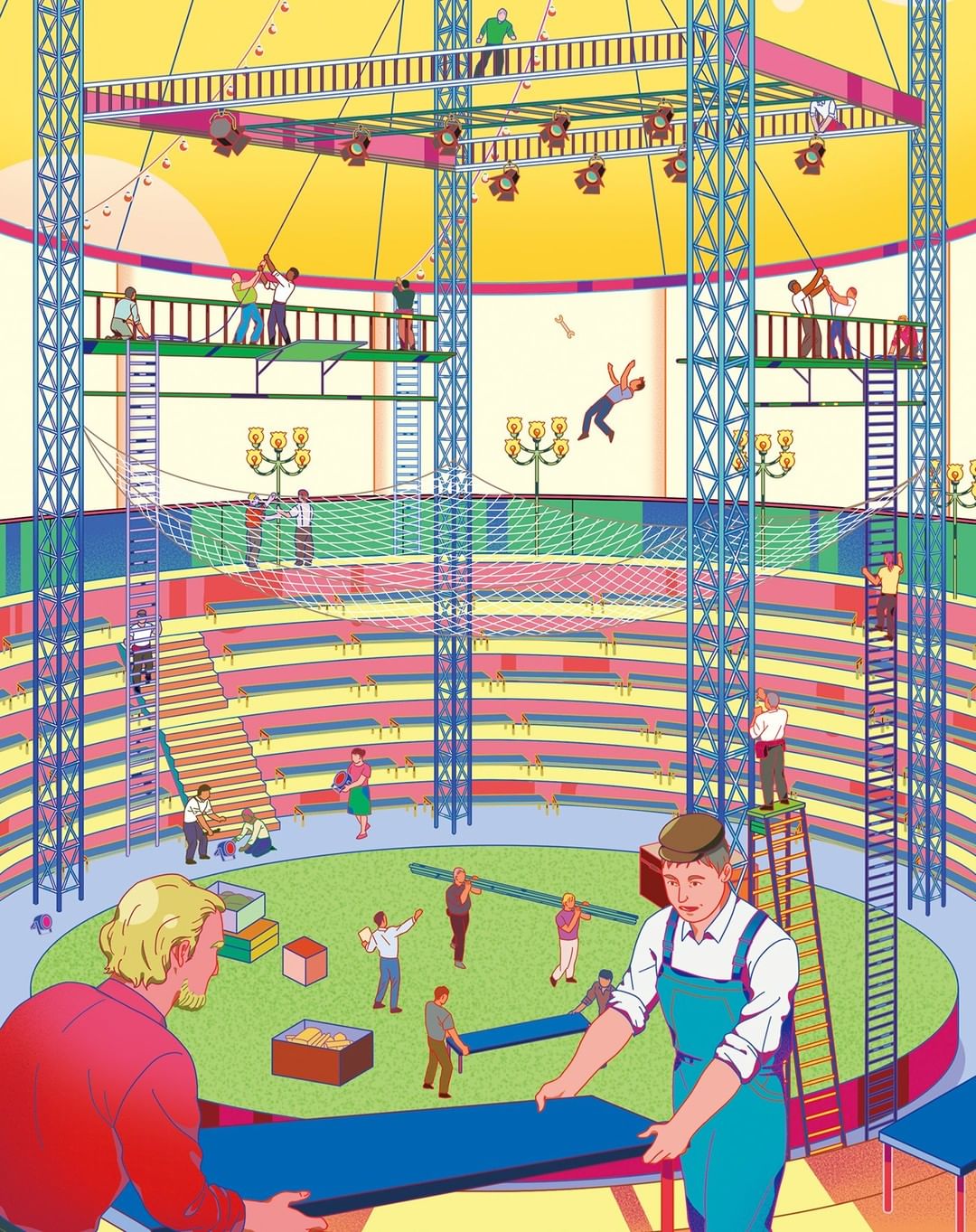 Illustration of a circus tent under construction with many people working together, ladders, platforms, and spotlights.