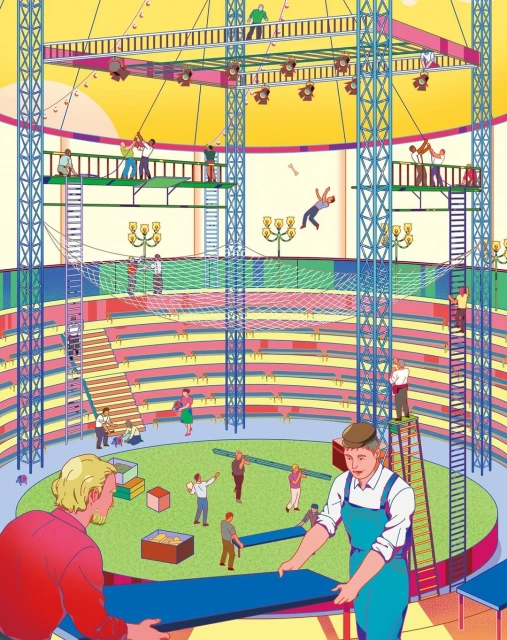 Illustration of a circus tent under construction with many people working together, ladders, platforms, and spotlights.