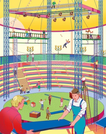 Illustration of a circus tent under construction with many people working together, ladders, platforms, and spotlights.
