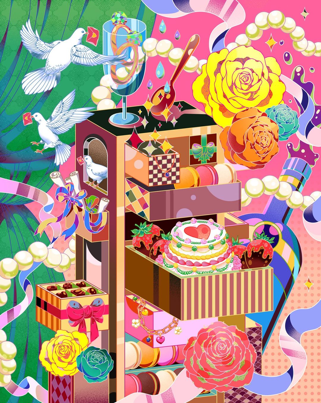 Whimsical illustration of tiered shelving with roses, cake, macarons, and doves carrying letters in a surreal, colorful composition.