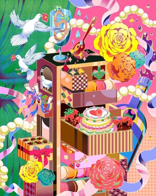 Whimsical illustration of tiered shelving with roses, cake, macarons, and doves carrying letters in a surreal, colorful composition.