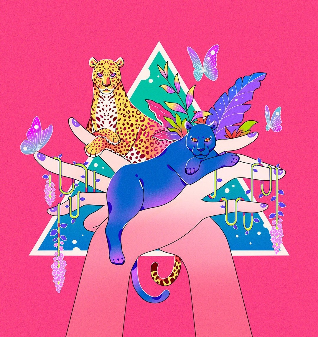 Illustration featuring a yellow leopard and a blue panther resting on stylized hands against a pink background with butterflies and plants.