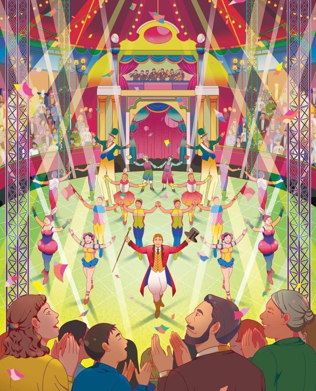 Illustration of a circus performance featuring a ringmaster, dancers, musicians, and a cheering audience in a colorful tent.