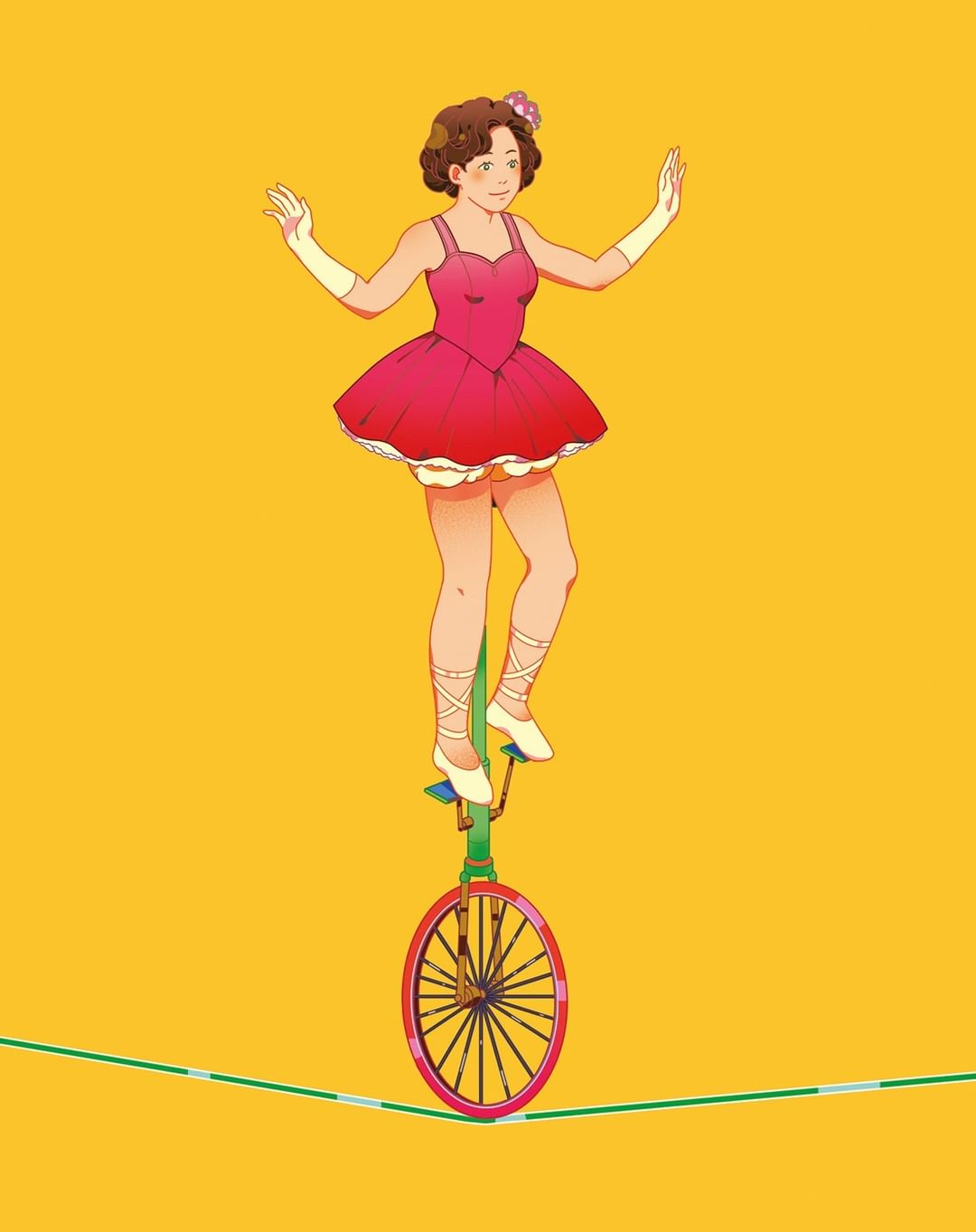 Illustration of a smiling woman in a pink dress balancing on a unicycle on a green tightrope against a yellow background.