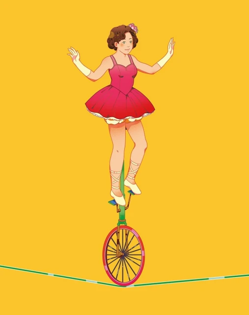 Illustration of a smiling woman in a pink dress balancing on a unicycle on a green tightrope against a yellow background.