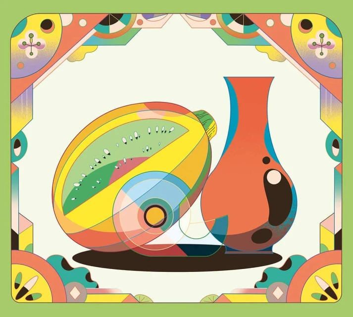 Whimsical still life art featuring a colorful melon and vase against a geometric border, rendered in a retro vector style.