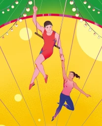 Illustration by Solji Lee of two trapeze artists performing in a circus tent with bright yellow and green backdrop