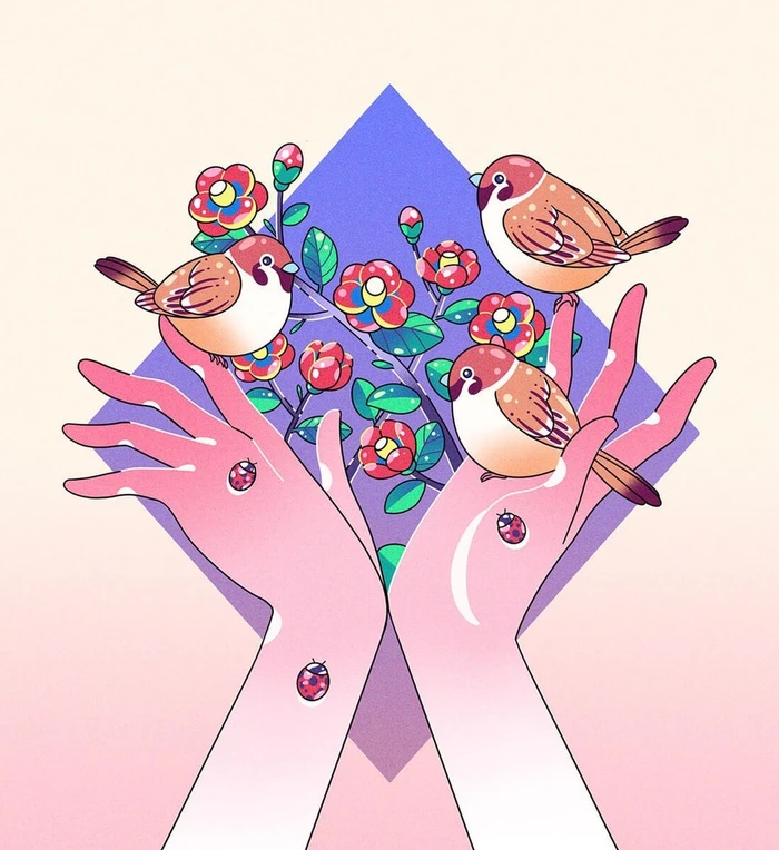 Digital illustration by Solji Lee featuring stylized hands holding three small sparrows among flowering branches and ladybugs.