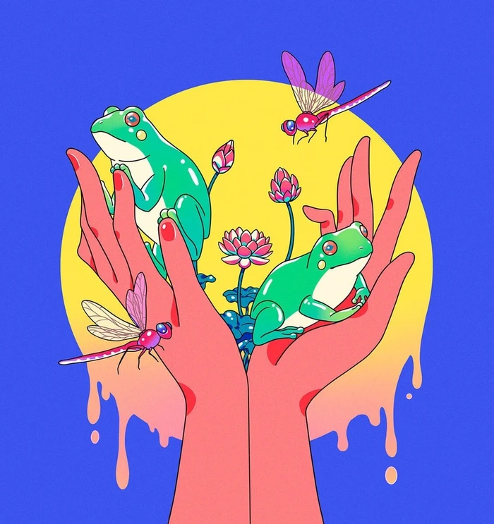 Colorful digital illustration by Solji Lee featuring two green frogs, pink dragonflies, and lotus flowers held in cupped hands against a yellow and blue background.