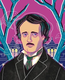 Illustration portrait of Edgar Allan Poe with dark hair and mustache against a purple background with blue trees and birds