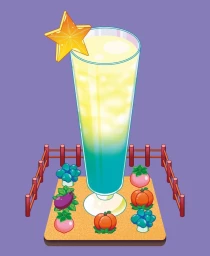 Digital illustration by Solji Lee of a tall layered cocktail garnished with starfruit standing on a small plot surrounded by tiny crops.