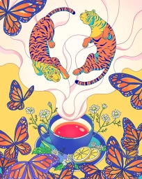 Colorful digital illustration of two tigers and butterflies emerging as steam from a blue teacup with lemon and chamomile flowers.