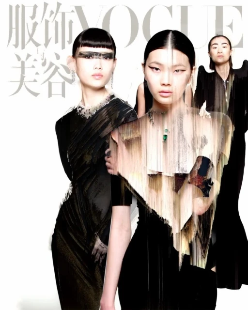 Three Asian female models pose in black dresses with pixelation effects and Vogue magazine logo against a white background, editorial fashion.