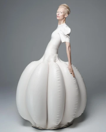 Tilda Swinton wearing an exaggerated voluminous white sculptural gown against a seamless grey studio background