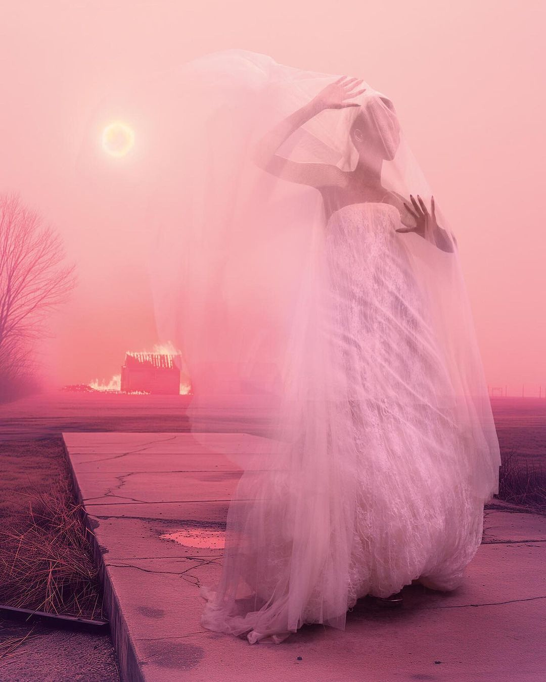 Ethereal photo of a person in a white dress and veil, hands raised, set against a hazy, pink-toned background with burning structure visible.