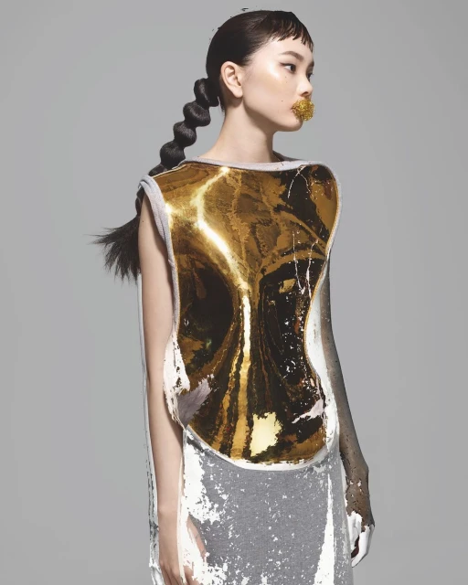 High fashion portrait of a young Asian woman in an abstract gold and white dress with an avant-garde braided hairstyle in a studio.