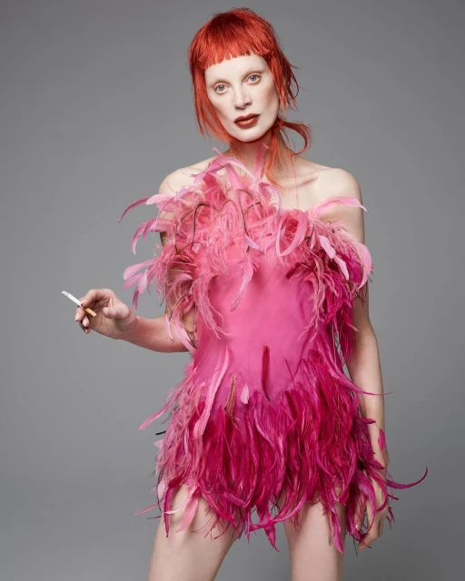 Woman in a pink feather dress holding a cigarette against a grey background. Fashion portrait with red hair and dark lipstick.