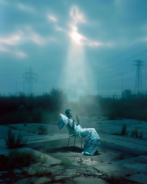 Elegant Black woman in patterned dress sits on chair in stark landscape under spotlight, wearing a dress with floral accents.