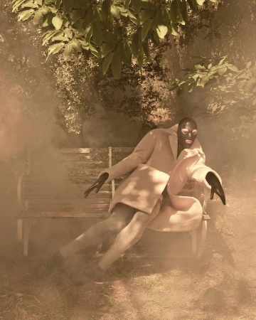 Figure in black latex mask and light coat sitting on park bench surrounded by atmospheric smoke by Sølve Sundsbø
