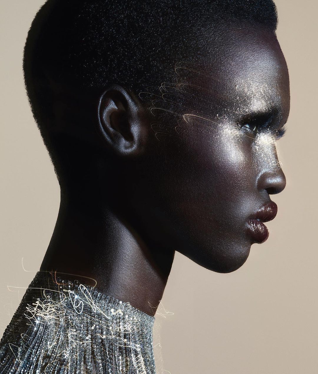 Profile portrait of a dark-skinned woman with glossy lips and silver eye shadow. The woman is wearing a silver sequined garment.