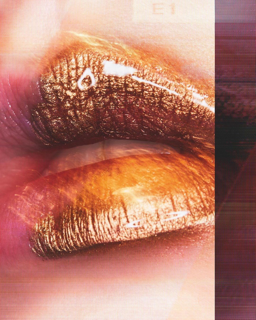 Macro shot of a woman's face featuring gold lips with a metallic sheen, close-up of lips with gold lipstick and makeup on skin.