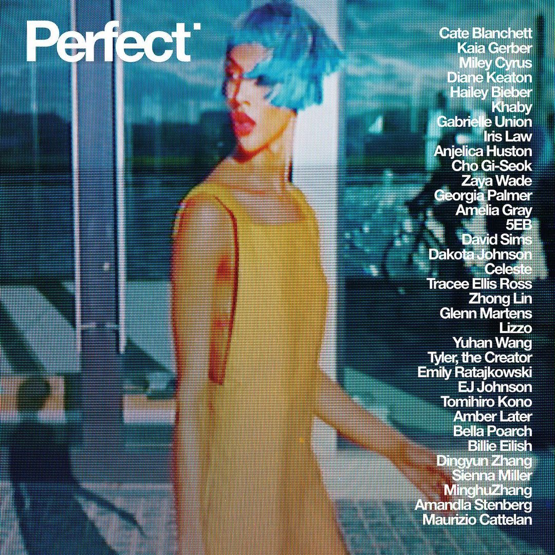 Model with blue hair and yellow dress featured on Perfect magazine cover with text listing names, indoor setting with natural and diffused light.
