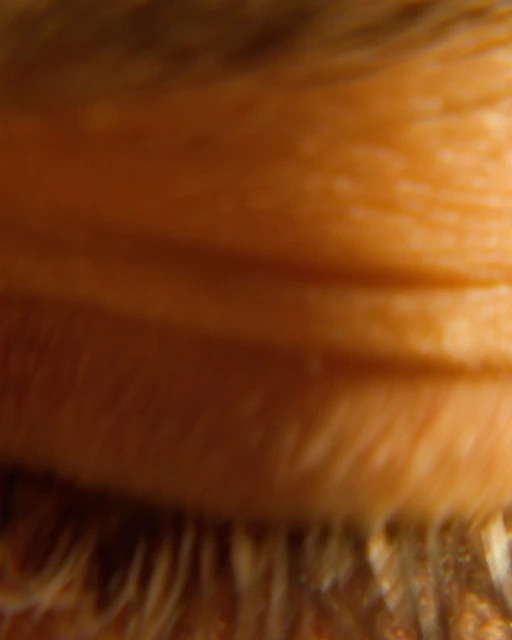 Macro close-up of a human eye with visible eyelashes and eyelids, showcasing textures of skin and hair in warm, neutral color palette.