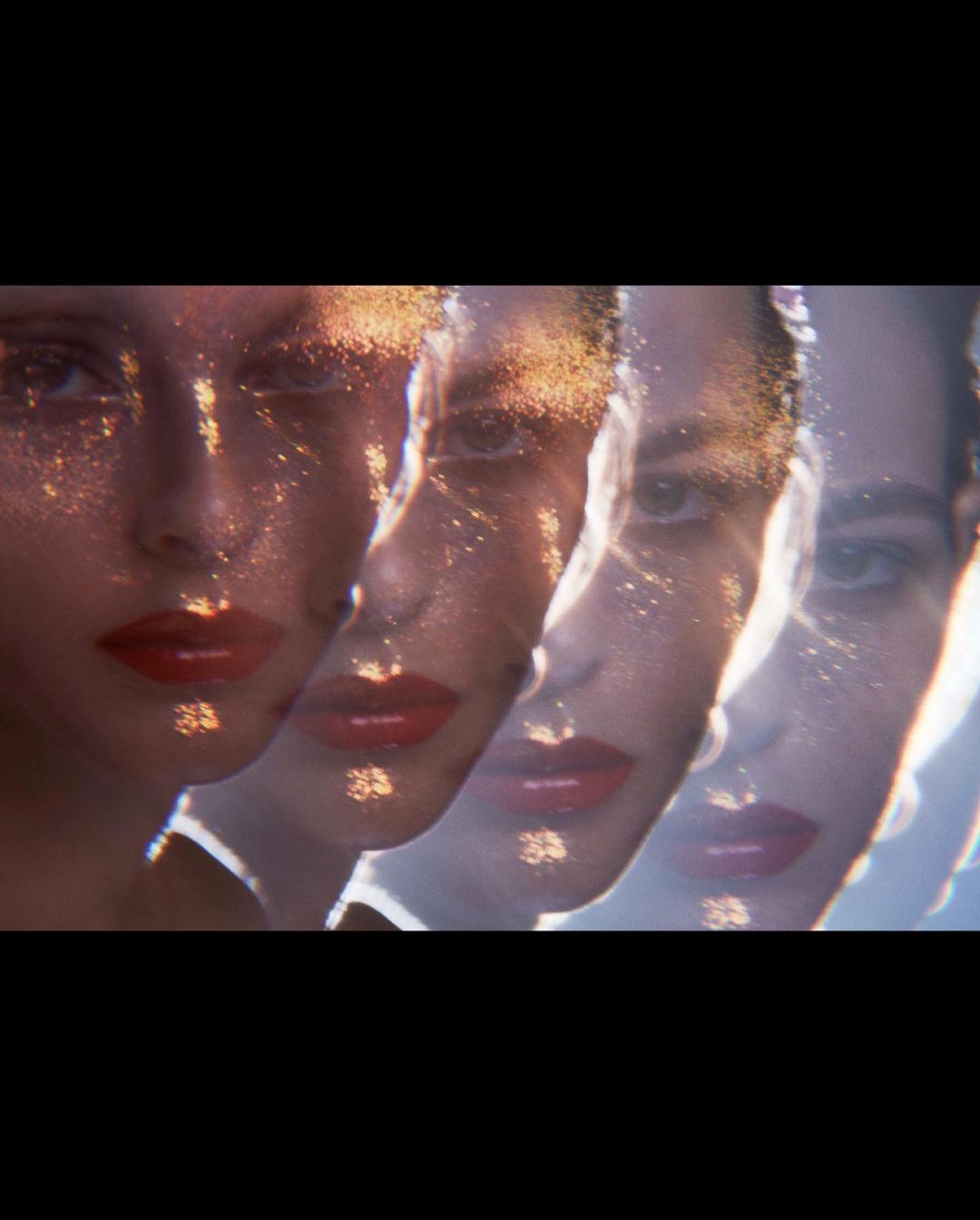 Artistic portrait of a woman with makeup and glitter overlayed in a triple exposure effect, creating a dreamy, ethereal aesthetic.