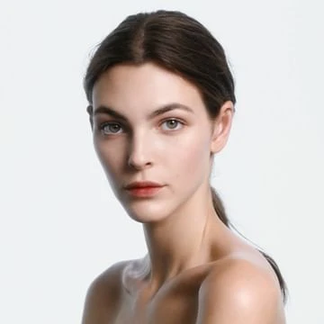 Close-up portrait of a young, fair-skinned woman with brown hair pulled back, nude shoulders, and a neutral expression against a light backdrop.