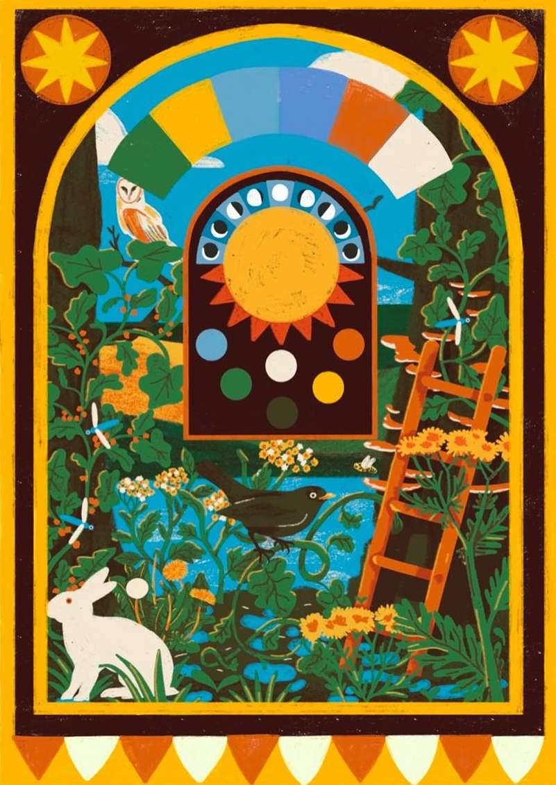 Detailed illustration with an owl perched above a blackbird, a white rabbit, flowers, and a ladder in a colorful nature scene.