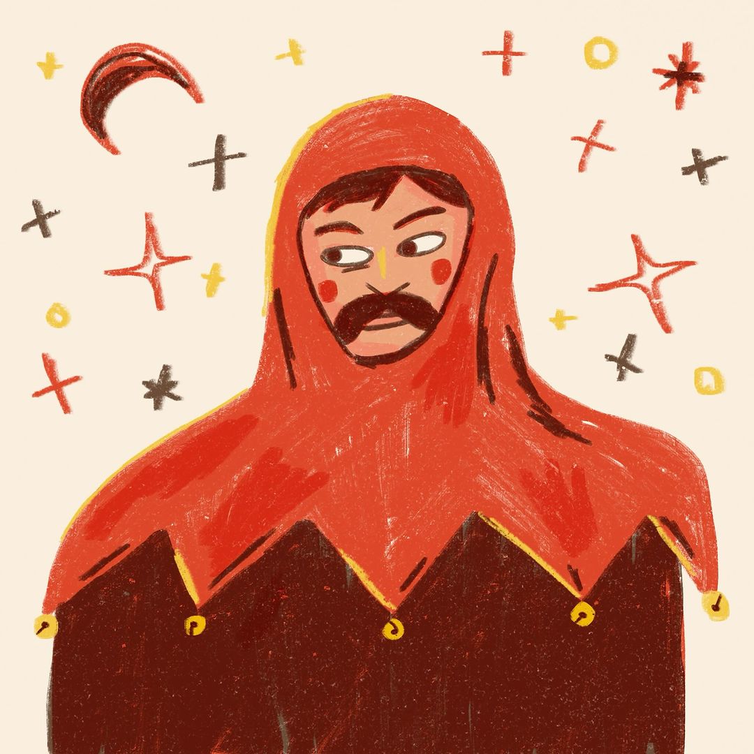 Illustration of a man in a red jester-style hooded costume with star and moon shapes floating in a light beige background.