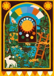 Colorful illustrated artwork by Sonny Ross featuring nature scenes, animals, and celestial motifs inside an arched frame.