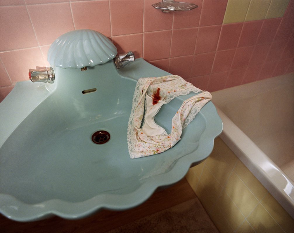 Vintage-style bathroom scene featuring a seashell-shaped sink with undergarments placed on it, showcasing a blend of domestic and intimate elements.