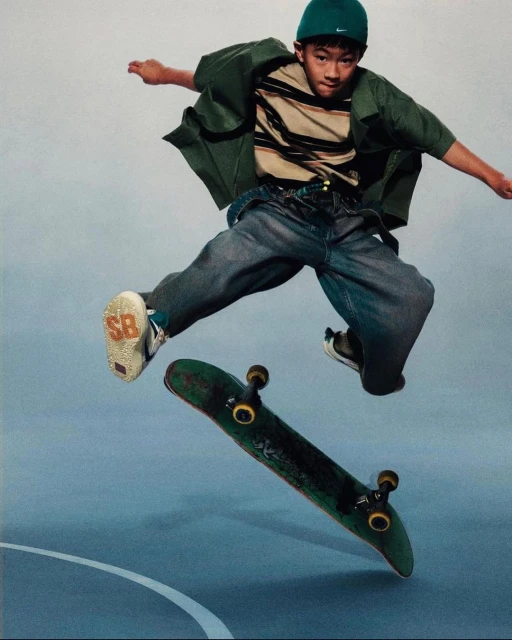 Young adult male skateboarder in mid-air with skateboard performing trick in blue and white indoor skate park setting, wearing casual clothing.