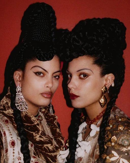 Two women with elaborate braided hairstyles pose in front of a red background wearing embellished tops and statement earrings.